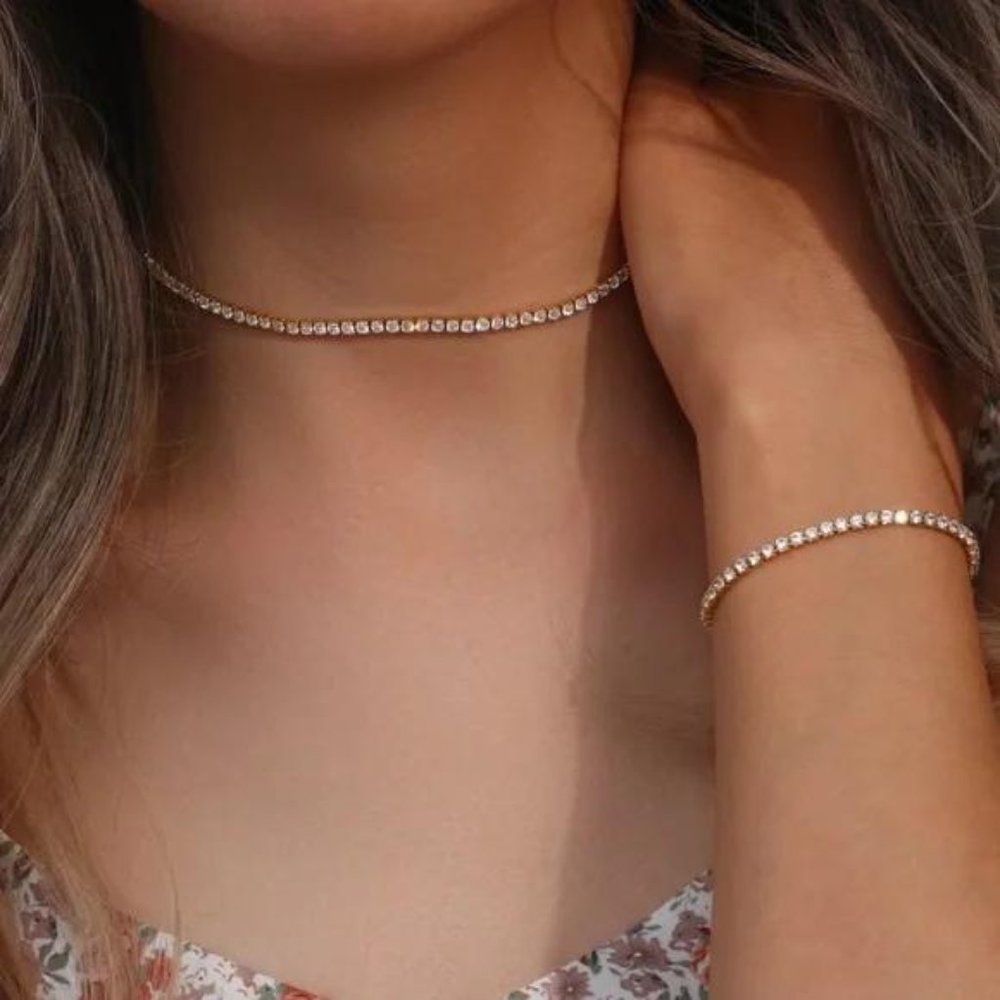 NEW 14K GOLD TENNIS CHAIN CHOKER NECKLACE, NICE NECKLACE, CUTE NECKLACE - Picture 2 of 6